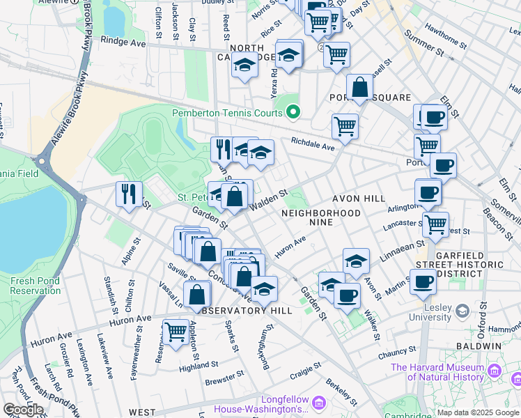 map of restaurants, bars, coffee shops, grocery stores, and more near 225 Walden Street in Cambridge