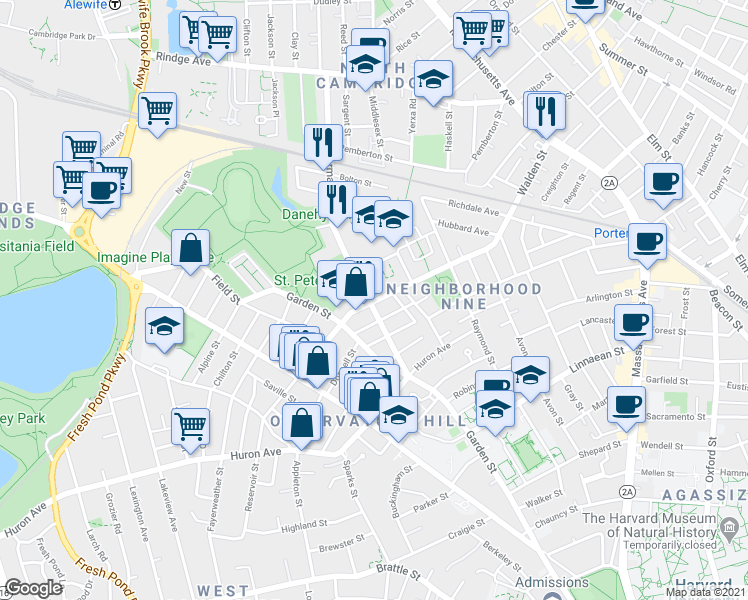 map of restaurants, bars, coffee shops, grocery stores, and more near 57 Sherman Street in Cambridge
