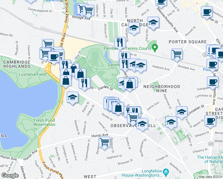 map of restaurants, bars, coffee shops, grocery stores, and more near 230 Garden Street in Cambridge