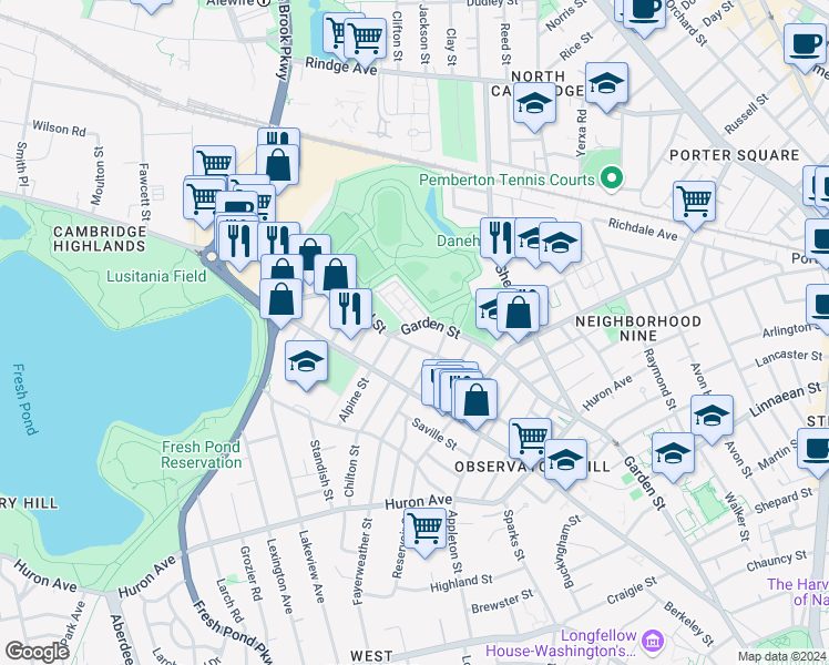 map of restaurants, bars, coffee shops, grocery stores, and more near 241 Garden Street in Cambridge