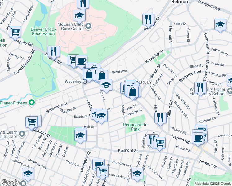 map of restaurants, bars, coffee shops, grocery stores, and more near 439 Trapelo Road in Belmont