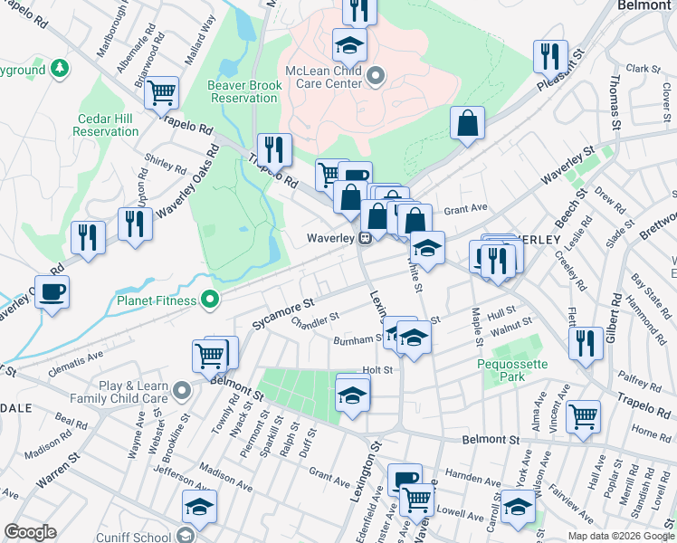 map of restaurants, bars, coffee shops, grocery stores, and more near 29 Lexington Street in Belmont