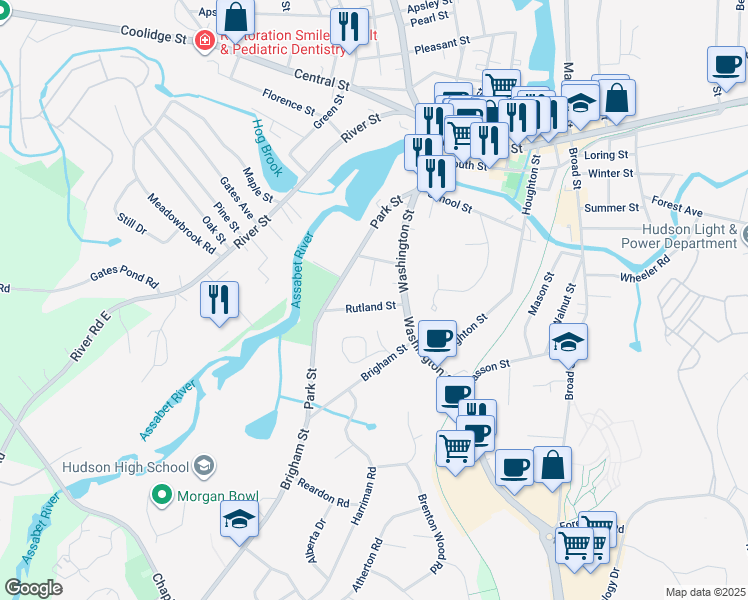 map of restaurants, bars, coffee shops, grocery stores, and more near 8 Wood Street in Hudson