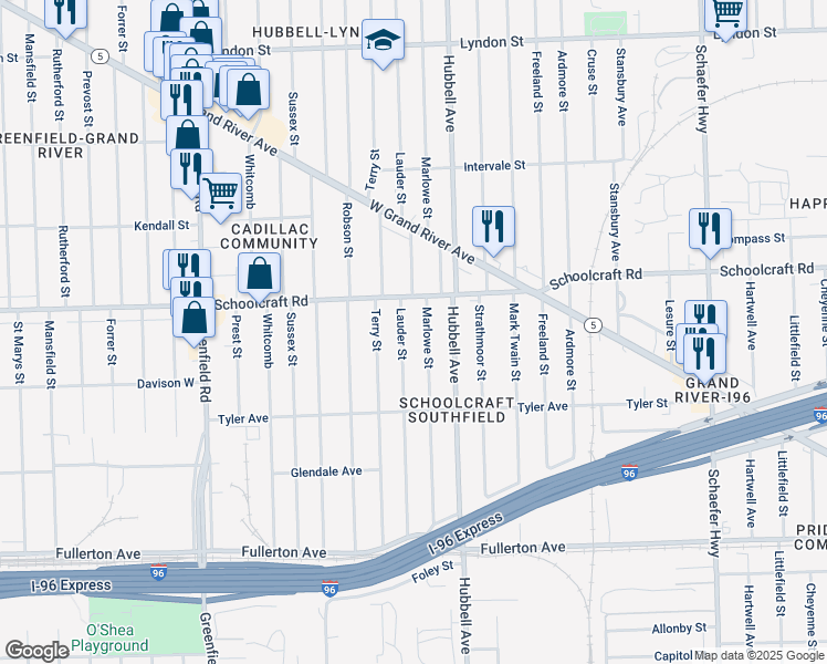 map of restaurants, bars, coffee shops, grocery stores, and more near 13422 Lauder Street in Detroit