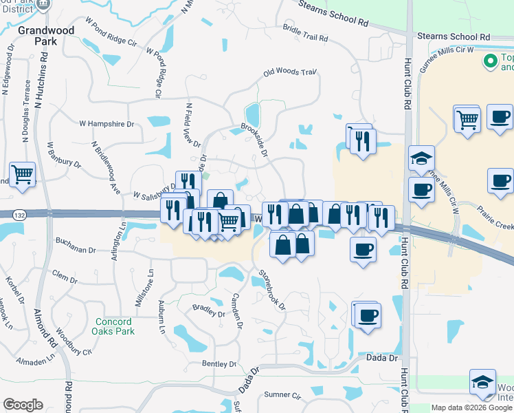 map of restaurants, bars, coffee shops, grocery stores, and more near 36123 North New Bridge Court in Gurnee
