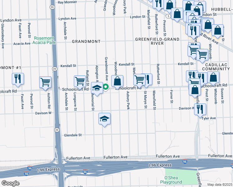 map of restaurants, bars, coffee shops, grocery stores, and more near 13901 Woodmont Avenue in Detroit