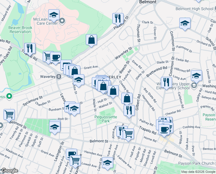 map of restaurants, bars, coffee shops, grocery stores, and more near 30 Davis Road in Belmont
