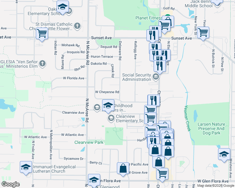 map of restaurants, bars, coffee shops, grocery stores, and more near 2231 West Cheyenne Road in Waukegan