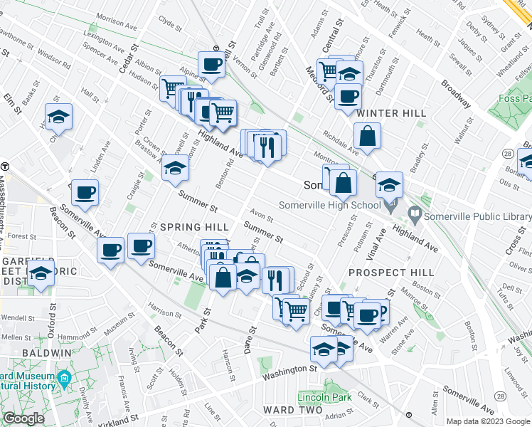 map of restaurants, bars, coffee shops, grocery stores, and more near 67 Avon Street in Somerville