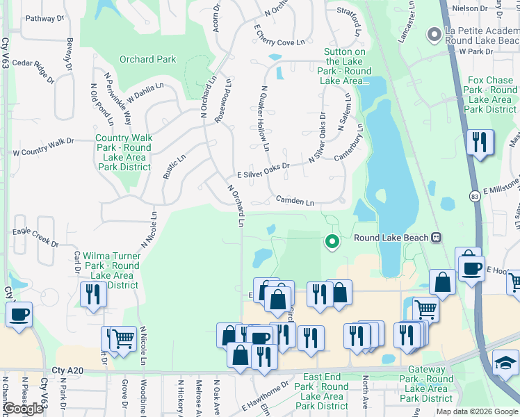 map of restaurants, bars, coffee shops, grocery stores, and more near 249 East Cobbler Court in Round Lake Beach