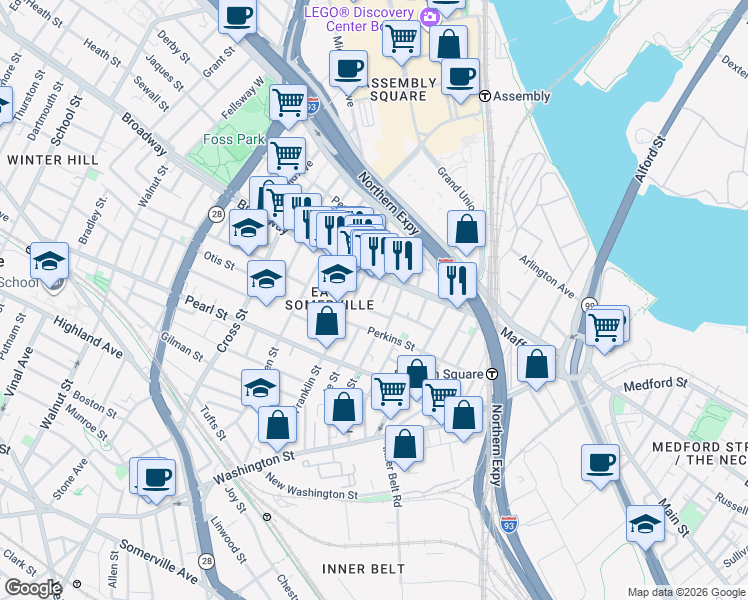 map of restaurants, bars, coffee shops, grocery stores, and more near 80 Broadway in Somerville
