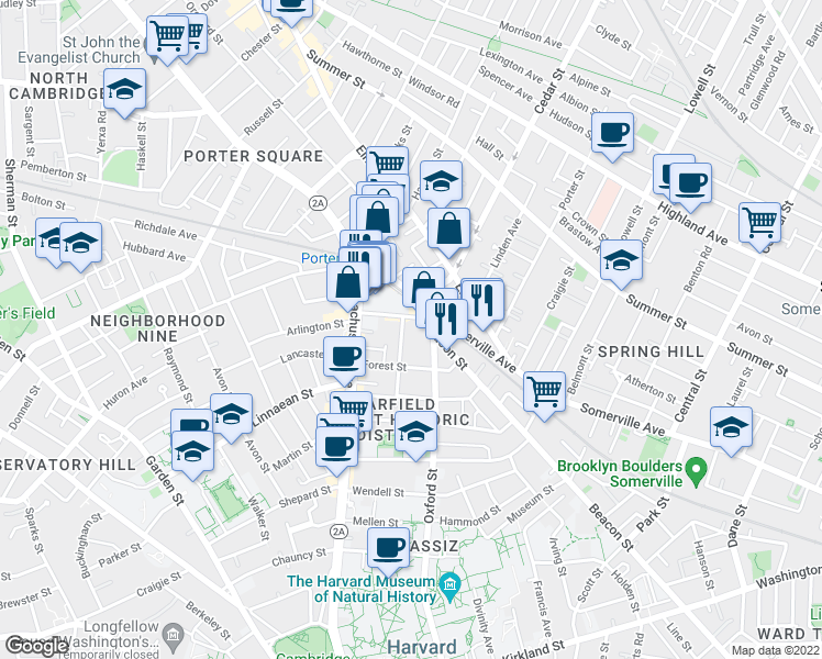 map of restaurants, bars, coffee shops, grocery stores, and more near 769 Somerville Avenue in Somerville