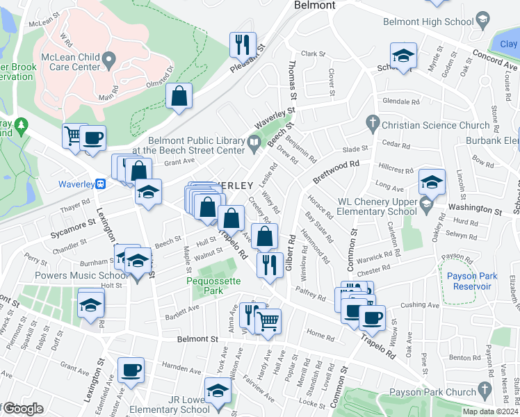 map of restaurants, bars, coffee shops, grocery stores, and more near 38 Creeley Road in Belmont