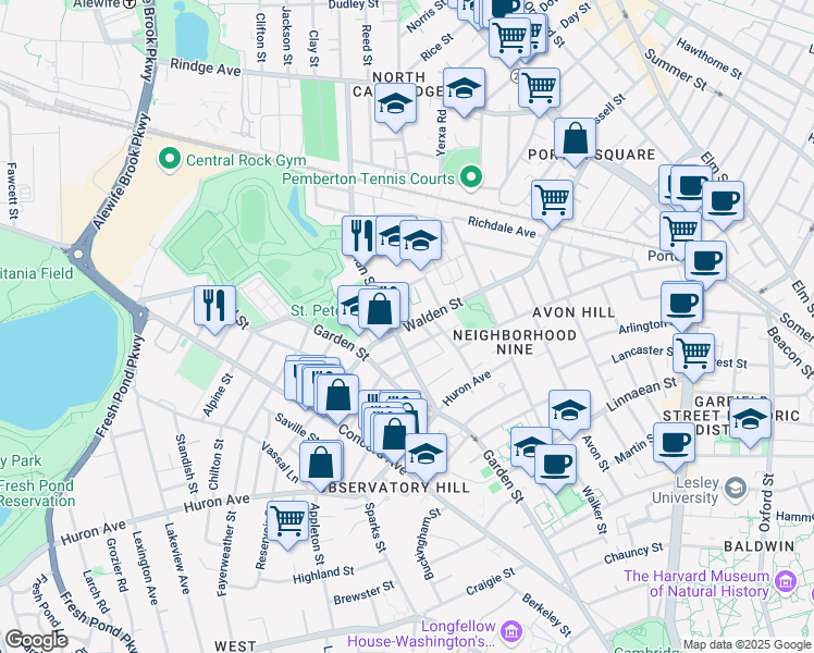 map of restaurants, bars, coffee shops, grocery stores, and more near 225 Walden Street in Cambridge