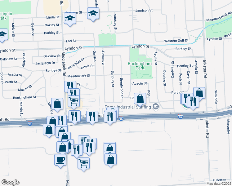 map of restaurants, bars, coffee shops, grocery stores, and more near 14121 Brentwood Street in Livonia