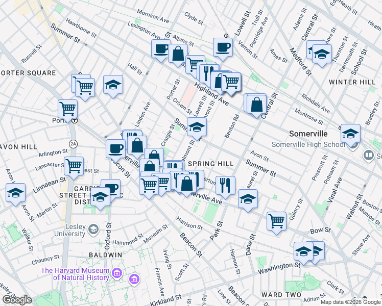 map of restaurants, bars, coffee shops, grocery stores, and more near 41 Belmont Street in Somerville