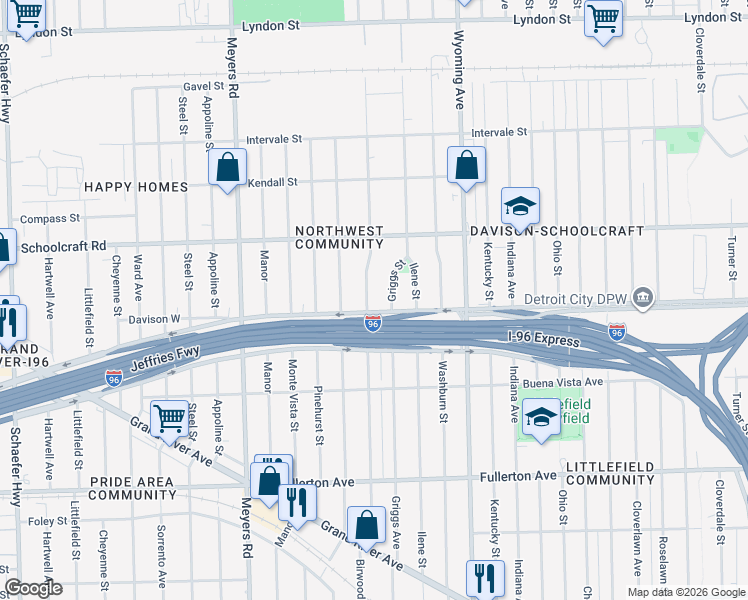 map of restaurants, bars, coffee shops, grocery stores, and more near 13566 Birwood Street in Detroit