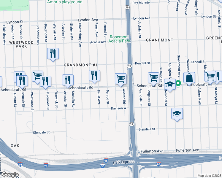 map of restaurants, bars, coffee shops, grocery stores, and more near 13921 Rosemont Avenue in Detroit