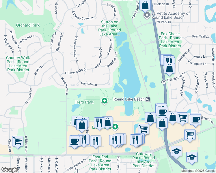 map of restaurants, bars, coffee shops, grocery stores, and more near 2147 North Camden Lane in Round Lake