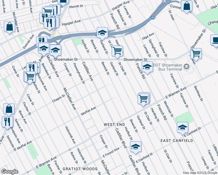 map of restaurants, bars, coffee shops, grocery stores, and more near 5526 Hurlbut Street in Detroit
