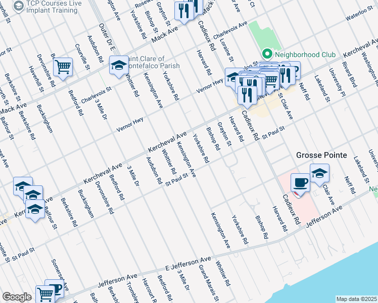map of restaurants, bars, coffee shops, grocery stores, and more near 1159 Yorkshire Road in Grosse Pointe Park