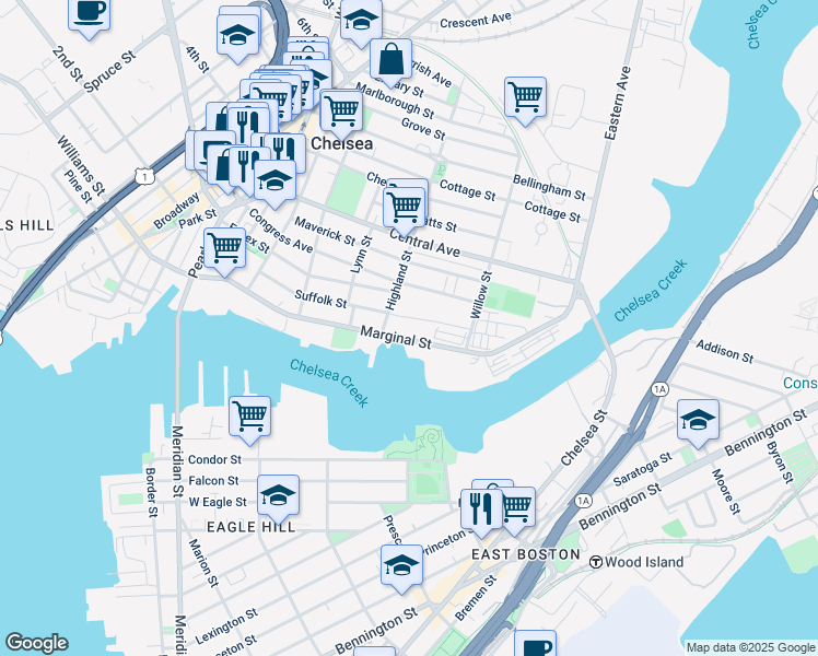 map of restaurants, bars, coffee shops, grocery stores, and more near 22 Willow Street in Chelsea