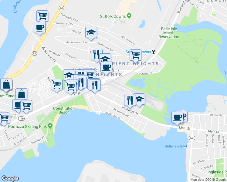 map of restaurants, bars, coffee shops, grocery stores, and more near 98 Saint Edward Road in Boston