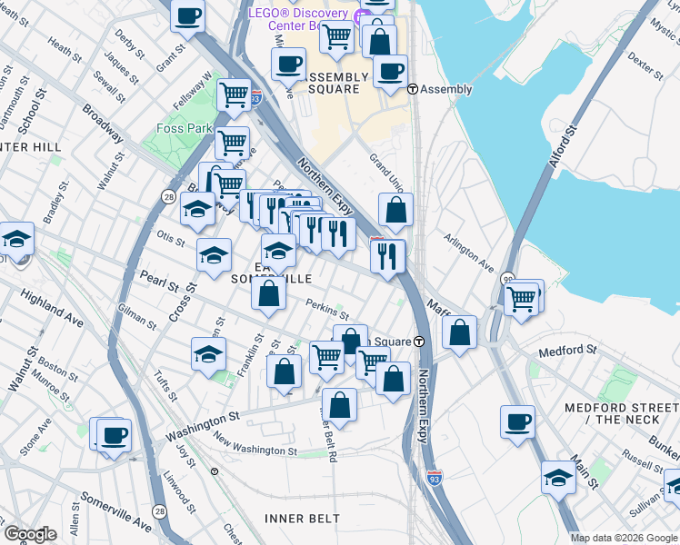 map of restaurants, bars, coffee shops, grocery stores, and more near 59 Broadway in Somerville