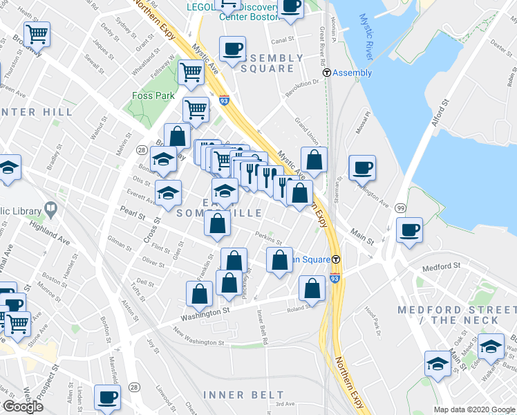map of restaurants, bars, coffee shops, grocery stores, and more near 80 Broadway in Somerville