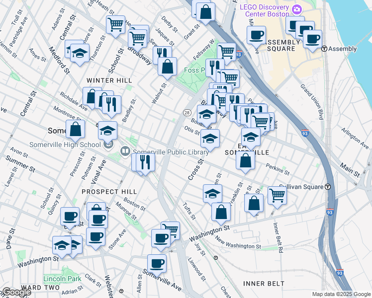 map of restaurants, bars, coffee shops, grocery stores, and more near 34 Everett Avenue in Somerville