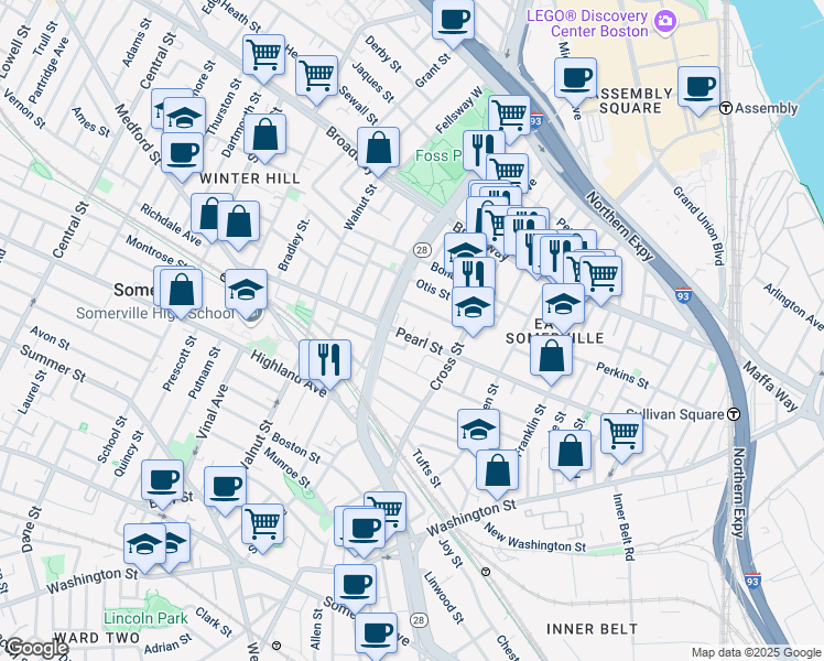 map of restaurants, bars, coffee shops, grocery stores, and more near 34 Everett Avenue in Somerville