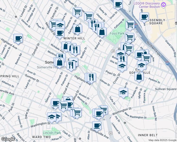 map of restaurants, bars, coffee shops, grocery stores, and more near 202 Pearl Street in Somerville