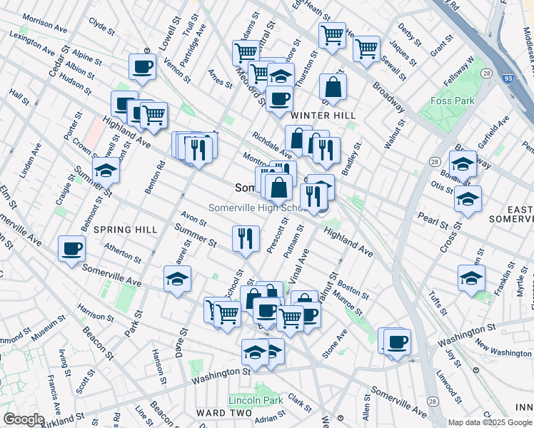 map of restaurants, bars, coffee shops, grocery stores, and more near 93 Highland Avenue in Somerville