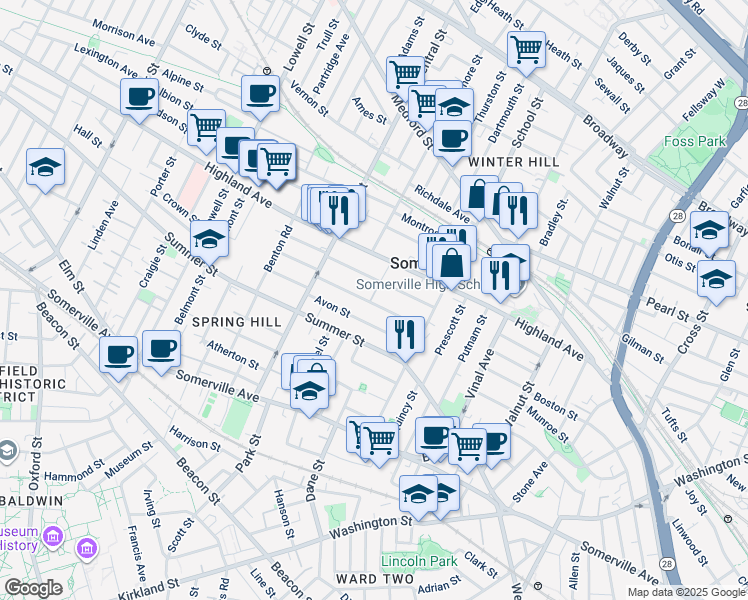 map of restaurants, bars, coffee shops, grocery stores, and more near in Somerville