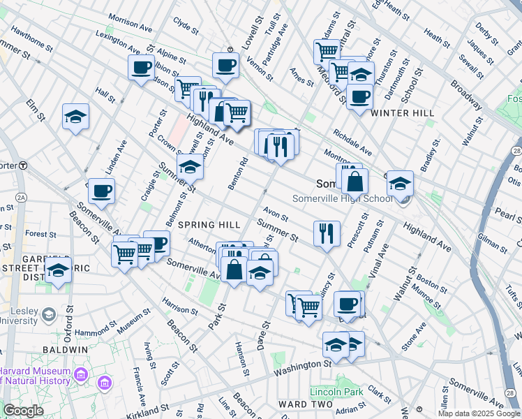 map of restaurants, bars, coffee shops, grocery stores, and more near 58 Central Street in Somerville
