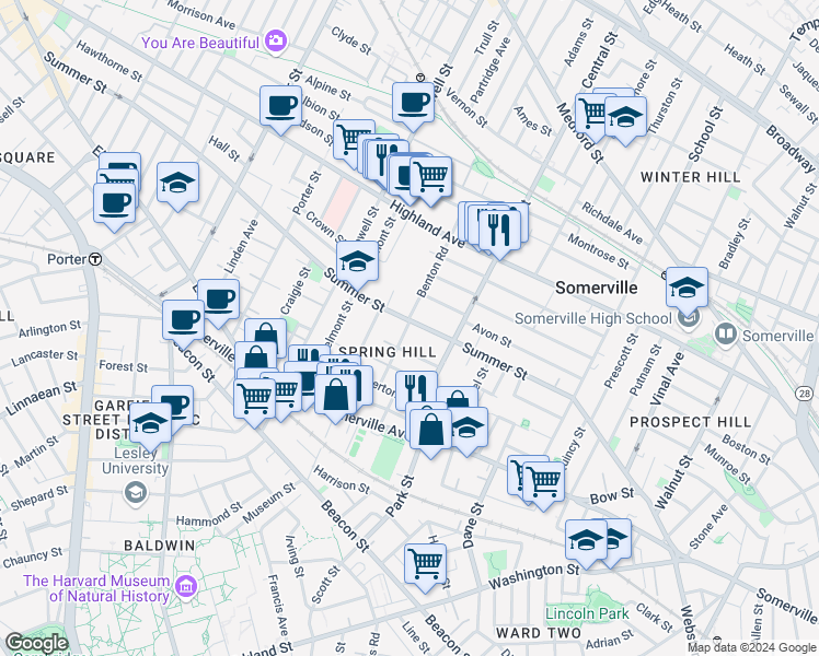 map of restaurants, bars, coffee shops, grocery stores, and more near 182 Summer Street in Somerville