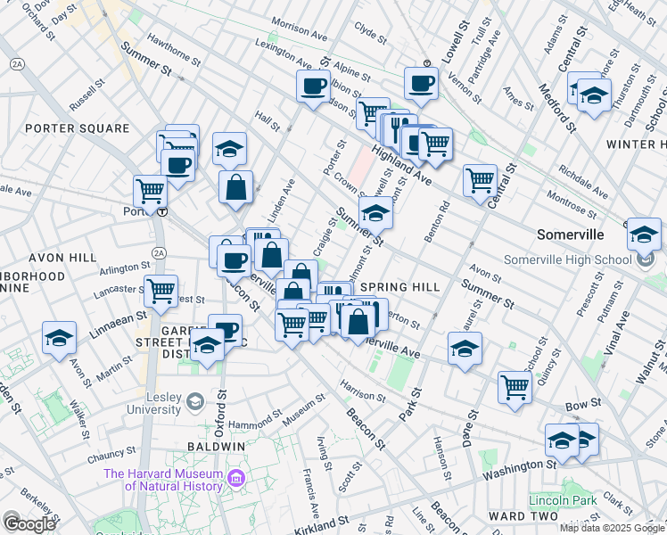 map of restaurants, bars, coffee shops, grocery stores, and more near 74 Lowell Street in Somerville
