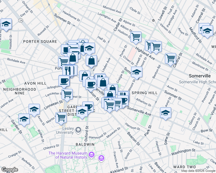 map of restaurants, bars, coffee shops, grocery stores, and more near 16 Porter Street in Somerville