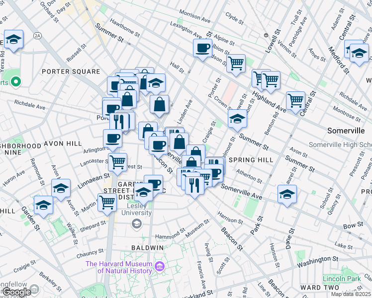 map of restaurants, bars, coffee shops, grocery stores, and more near 16 Porter Street in Somerville
