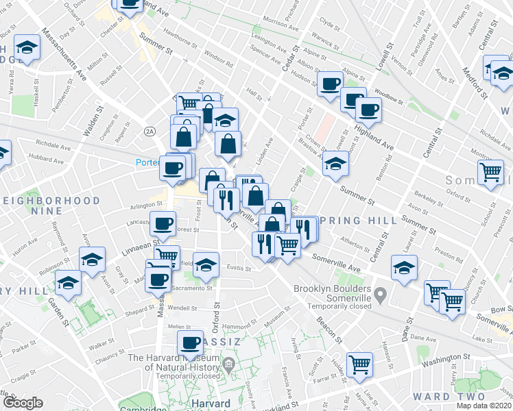 map of restaurants, bars, coffee shops, grocery stores, and more near 16 Porter Street in Somerville