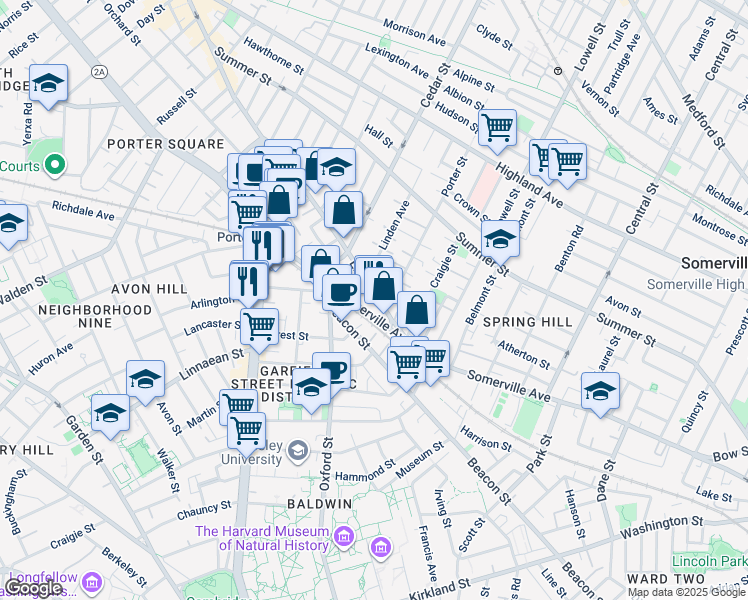 map of restaurants, bars, coffee shops, grocery stores, and more near 36 Elm Street in Somerville