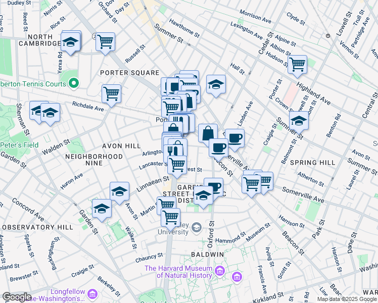 map of restaurants, bars, coffee shops, grocery stores, and more near 1815 Massachusetts Avenue in Cambridge