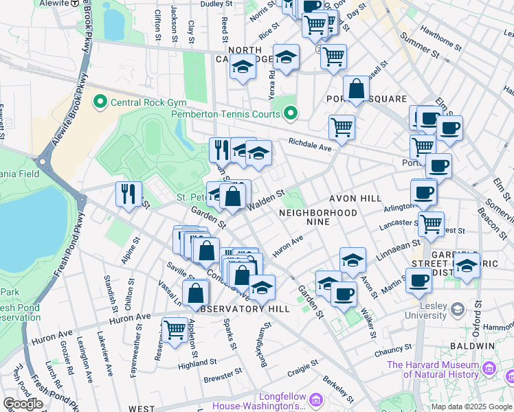 map of restaurants, bars, coffee shops, grocery stores, and more near 225 Walden Street in Cambridge