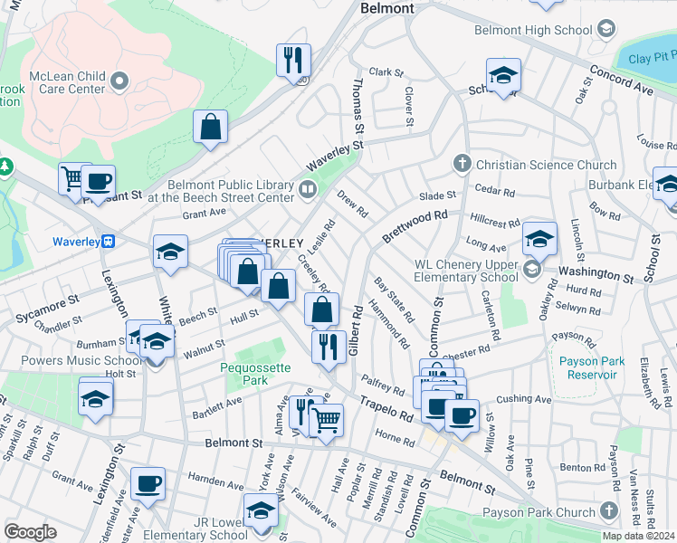 map of restaurants, bars, coffee shops, grocery stores, and more near 5 Holden Road in Belmont