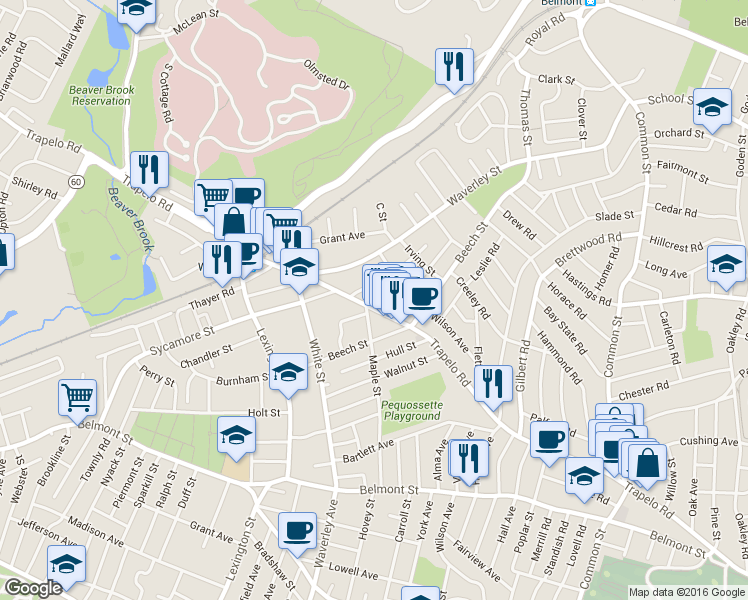 map of restaurants, bars, coffee shops, grocery stores, and more near 24 Hawthorne Street in Belmont