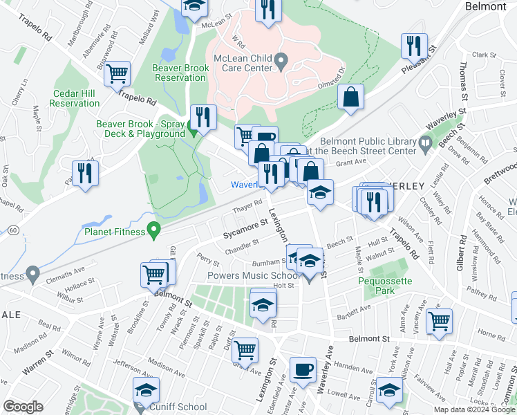map of restaurants, bars, coffee shops, grocery stores, and more near 29 Lexington Street in Belmont