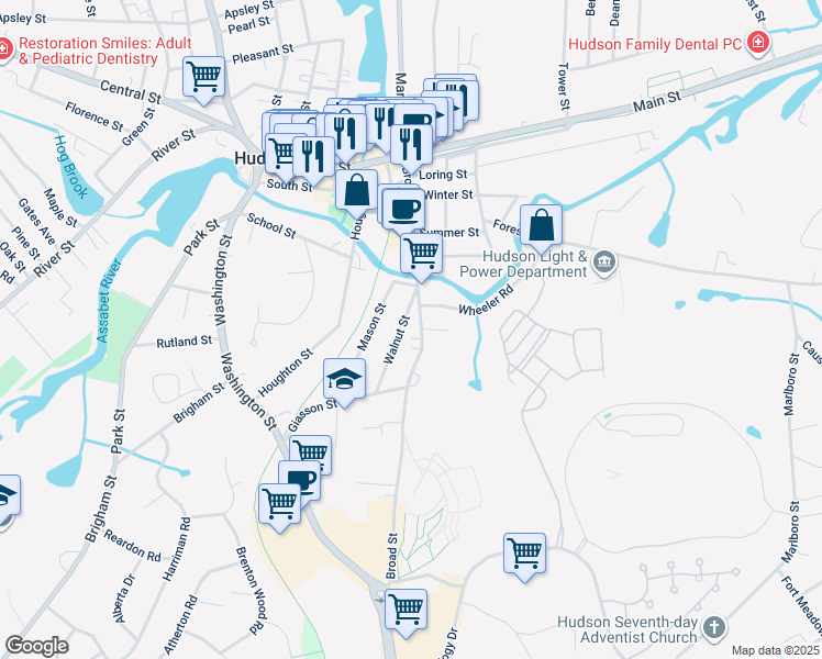 map of restaurants, bars, coffee shops, grocery stores, and more near 70 Broad Street in Hudson