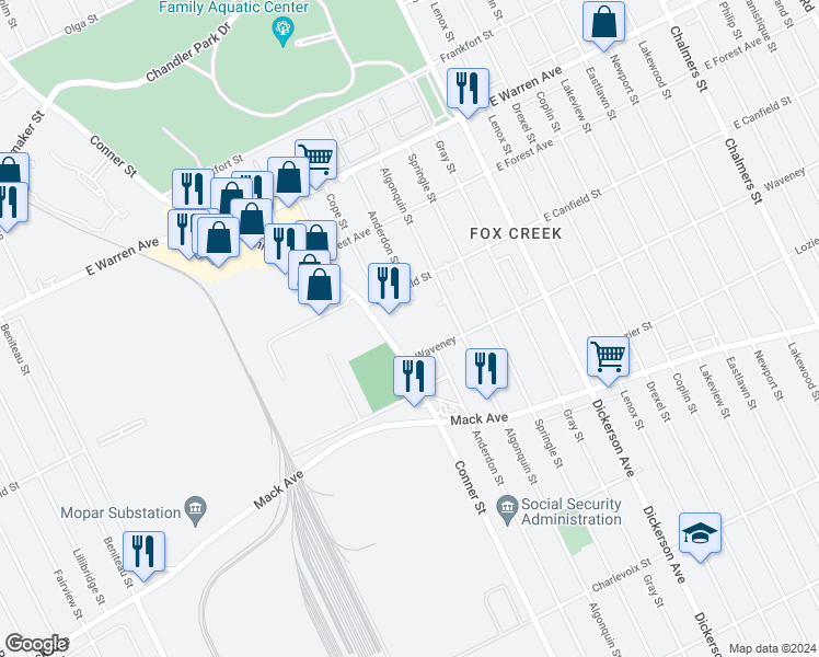 map of restaurants, bars, coffee shops, grocery stores, and more near 12544 East Canfield Street in Detroit