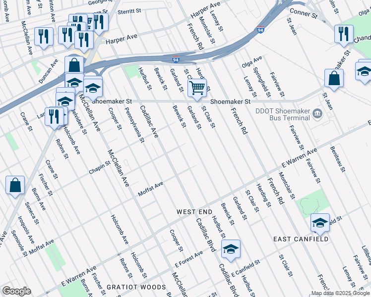map of restaurants, bars, coffee shops, grocery stores, and more near 5526 Hurlbut Street in Detroit