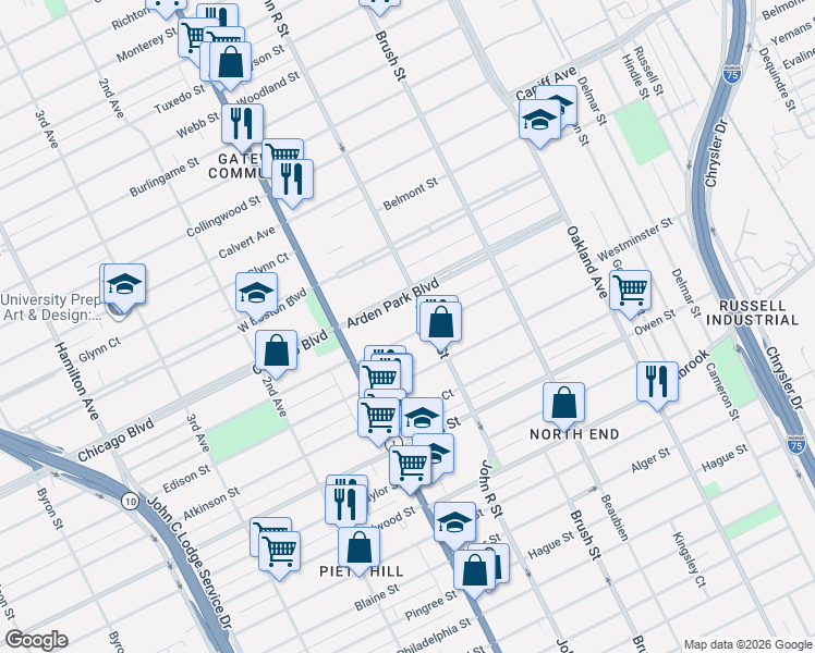 map of restaurants, bars, coffee shops, grocery stores, and more near 110 Arden Park Boulevard in Detroit